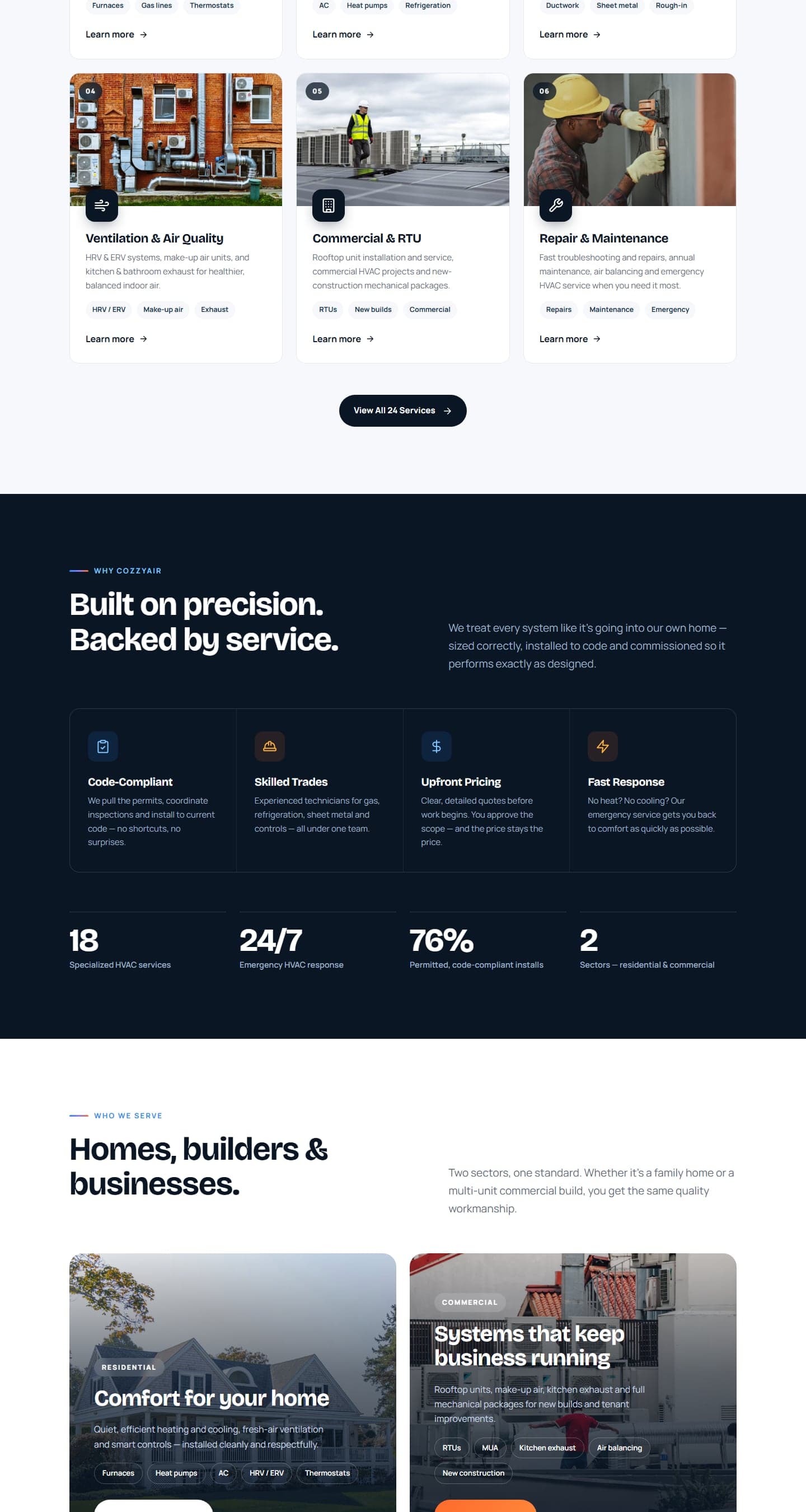 Cozzyair HVAC Solutions website sections