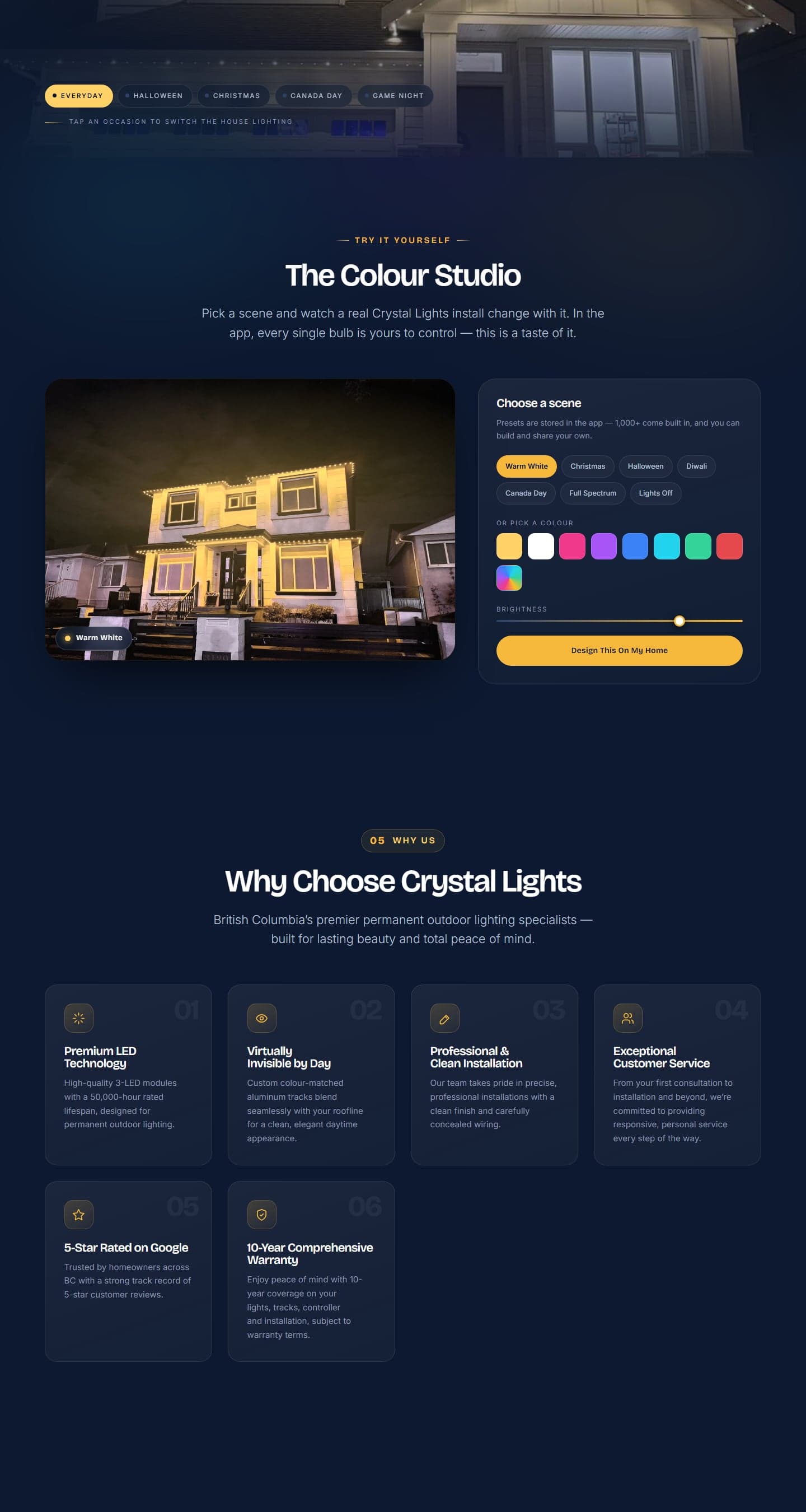 Crystal Lights website sections