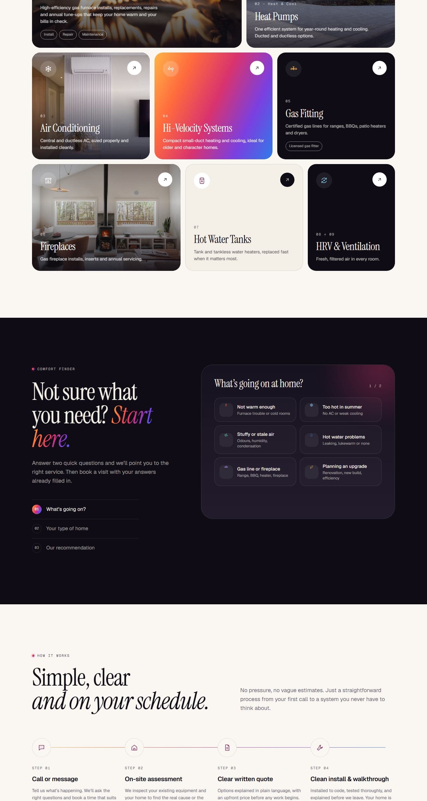 Hans Gas & Heating website sections