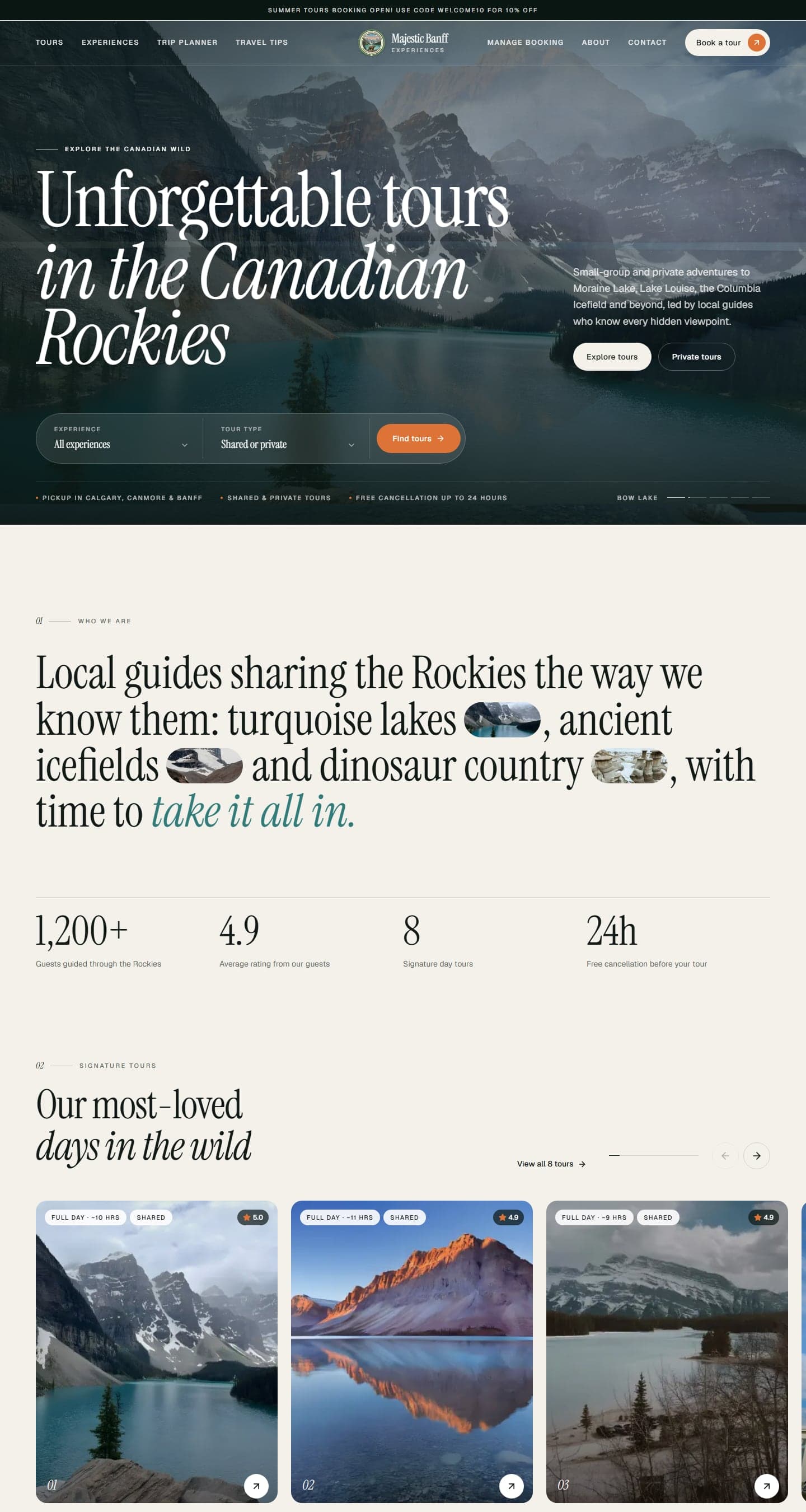 Majestic Banff Experiences homepage design