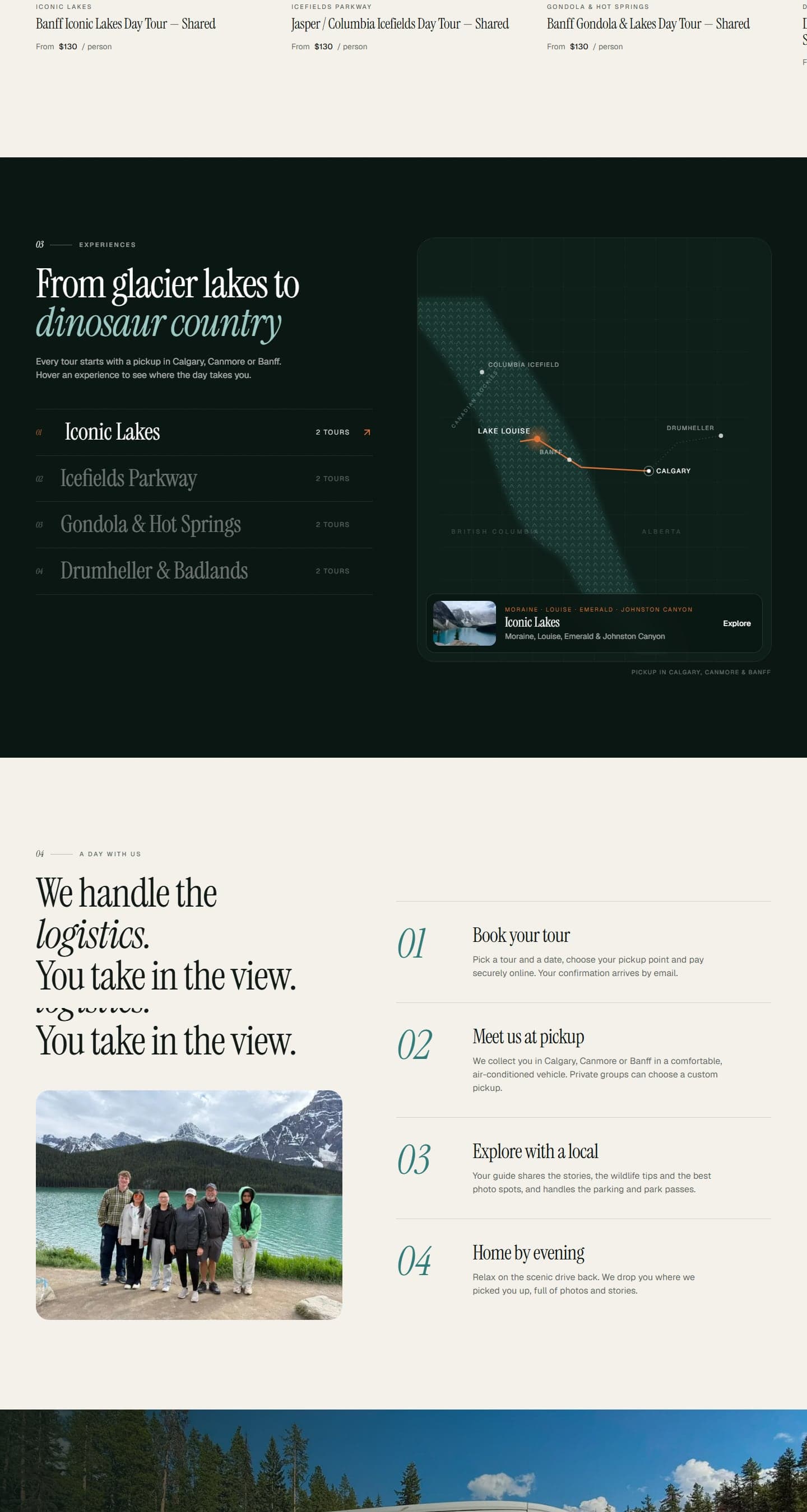 Majestic Banff Experiences website sections